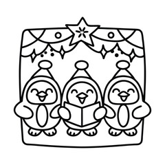 Christmas animal coloring page, Animal coloring page, winter animal coloring pages, black and white illustration, Animal Christmas line art