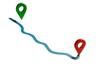 Curved blue path with green and red location pins, minimal abstract style, isolated on white background, concept of transport and navigation. Ai generative