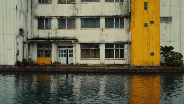 Weathered white building with a vibrant yellow section, sits beside a calm canal, reflecting the building's colours in its still waters.  The structure shows signs of age and disuse