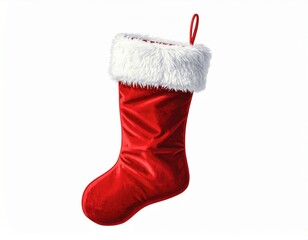 Red Christmas Stocking with White Fur Cuff and Hanging Loop on White Background
