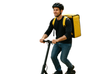 Delivery man on scooter with yellow backpack wearing black helmet and clothes, isolated on white background, clean transport concept. Ai generative