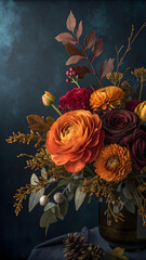 Fototapeta premium A dramatic still life arrangement of vibrant orange and deep red flowers with dark foliage against a moody blue background.