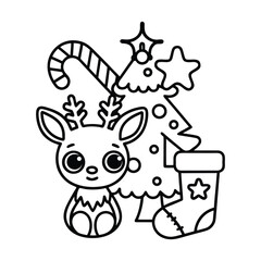 Christmas animal coloring page, Animal coloring page, winter animal coloring pages, black and white illustration, Animal Christmas line art