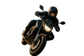 Dynamic motorcyclist in black gear riding a sport bike, isolated style on white background. Concept of speed, transport, and motion. Ai generative