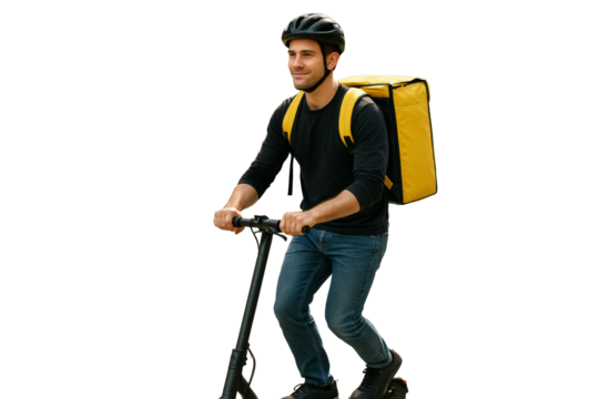 Delivery man on scooter with yellow backpack wearing black helmet and clothes, isolated on white background, clean transport concept. Ai generative