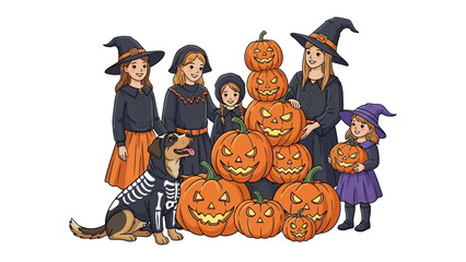 Halloween Kids and Dog Gathering: A joyful group of children dressed as witches, accompanied by a dog in a skeleton costume, poses around a festive collection of carved pumpkins.