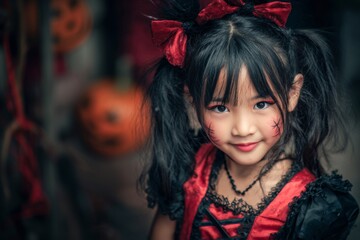 Asian child girl with Halloween costume and make up with pumpkin background.