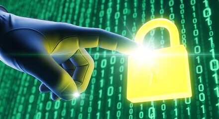 Hand touching glowing yellow padlock symbol over digital binary code background