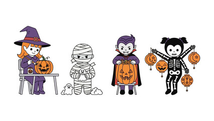 Halloween Costume Play: A quartet of adorable children are dressed in festive halloween costumes carving pumpkins. This image celebrates the spirit of halloween and autumn!