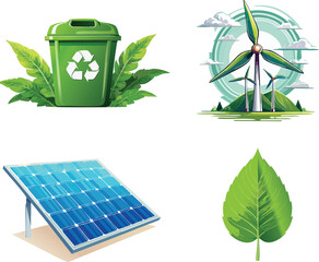 Eco-Friendly Icons Vector Set Featuring Sustainability Symbols, Renewable Energy, Recycling, and Green Environment Design Elements