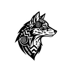 Obraz premium Vector art of tribal wolf head design with intricate patterns and bold lines