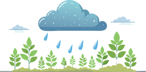 Flat Style Cloud Raining Water Over Sprouting Plant Symbolizing Growth, Sustainability, and Eco-Friendly Agriculture Concept