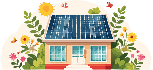 Solar Panel on a House with Flowers Around Representing Renewable Energy, Eco-Friendly Living, and Sustainable Home Design