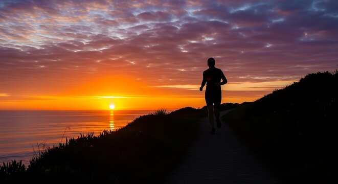 Silhouette of Jogging Man Running Along Coastal Path at Sunset with Vibrant Sky