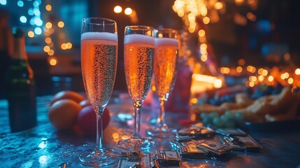 New Year celebration card with shiny money clips champagne glasses and festive decorations symbolizing financial prosperity and fresh beginnings
