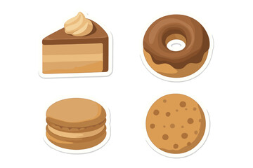 Collection of sweet baked goods including chocolate cake slice, frosted donut, macaron, and chocolate chip cookie