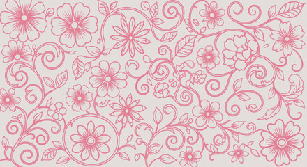 Pink floral scrollwork pattern on light gray