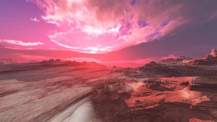 Panorama of Mars at sunset, sunrise above the surface of Mars, Martian landscape, 3d rendering