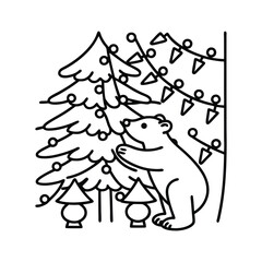 Christmas animal coloring page, Animal coloring page, winter animal coloring pages, black and white illustration, Animal Christmas line art