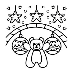 Christmas animal coloring page, Animal coloring page, winter animal coloring pages, black and white illustration, Animal Christmas line art