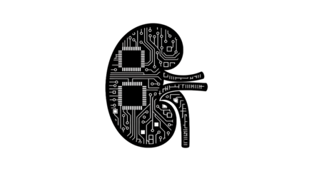 Human Kidney Organ Outline as Digital Electronic Circuit Board with Microchips