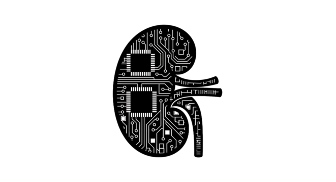 Human Kidney Organ Outline as Digital Electronic Circuit Board with Microchips