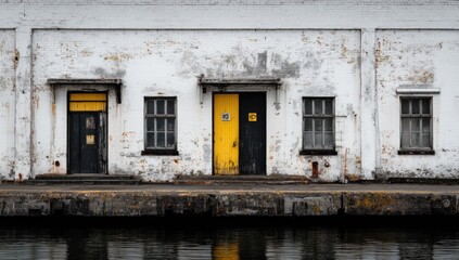 Weathered white building with three windows and two doors?one black, one yellow and black?situated beside dark water.  The building shows significant age and decay