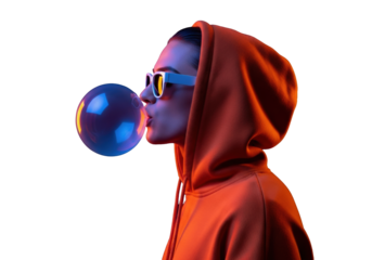 Young adult in profile with white sunglasses and orange hoodie, blowing a glowing blue bubble gum bubble on dark purple background with copy space. Futuristic advertising concept