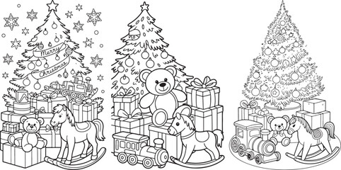 Naklejka premium Christmas trees with toys and gifts teddy bears rocking horses