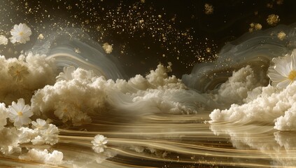 Whimsical, ethereal landscape; creamy clouds and white flowers float on a golden, ink-marbled surface, speckled with golden dust; dark background