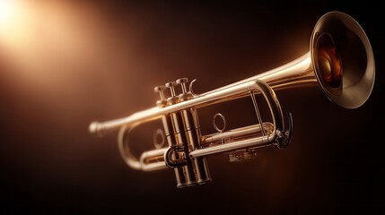 Obraz premium A shiny brass trumpet is suspended in the air, with a spotlight shining on it