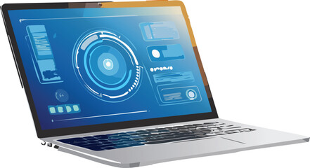 Laptop with Futuristic Hologram Screen Displaying Digital Interface