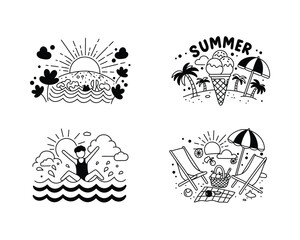 Collection of four hand drawn black and white doodle illustrations depicting various summer vacation activities and scenes