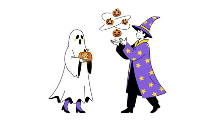 Whimsical Halloween Scene: A spectral ghost and a wizard engage in playful camaraderie, with floating pumpkin, embracing the enchantment of Halloween with a dash of magic.