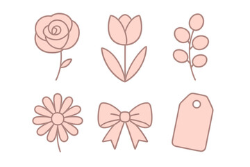 Elegant set of delicate pink floral elements and decorative symbols including rose, tulip, daisy, bow, and tag for celebration and design projects