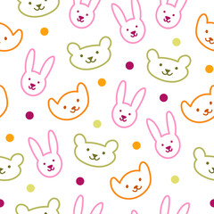 Childish funny animals seamless pattern, kids drawing simple background, childlike marker and crayon doodles, children illustrations, cute cartoon animals and pet sketches, cute pet pattern design