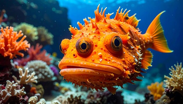 Close-up of an orange fish with spiky texture in a vibrant coral reef