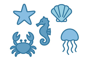 Stylized blue marine life collection featuring starfish, seahorse, crab, seashell, and jellyfish for ocean themes and underwater designs