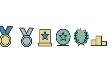 Collection of achievement and success icons including medals, trophy, star, laurel wreath, and winner podium