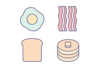 Assortment of classic breakfast food items featuring fried egg, crispy bacon, toast, and fluffy pancakes