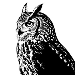 Vector art of majestic great horned owl portrait with intricate feather details