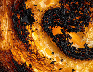 Burnt toast charred crust ash crumbs deep shadows abstract food texture crispy swirl caramelized golden porous closeup macro pattern surface breakfast kitchen rustic rough blackened brown orange