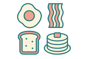 Collection of classic breakfast food items including fried egg, crispy bacon, toast, and pancakes with butter