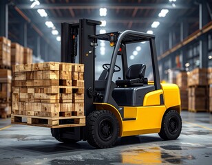 Yellow Industrial Forklift Lifting Wooden Pallets in Warehouse