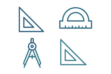 Essential geometric measuring and drawing tools collection with protractor, compass, and triangular rulers