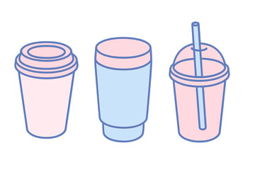 Diverse selection of beverage cups including lidded coffee cups, tumblers, and cold drink cups with straws
