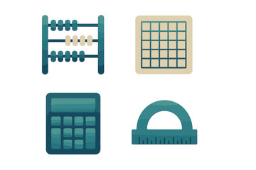 Essential mathematical and educational tools set featuring an abacus calculator protractor and grid icon