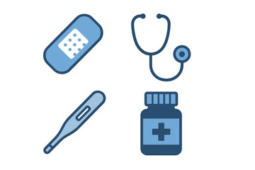 Medical equipment and healthcare supplies such as stethoscope, thermometer, bandage, and medicine bottle