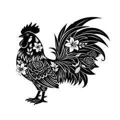 Vector art of intricate black and white rooster illustration