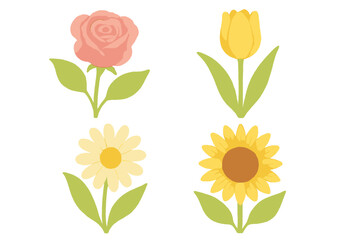 Vibrant watercolor floral collection with pink rose, yellow tulip, white daisy, and bright sunflower